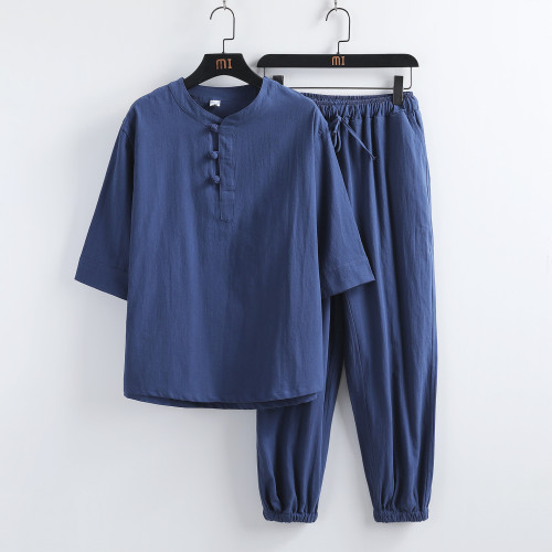 夏季風亞麻短袖套裝男士盤釦半袖唐裝漢服居士服中式棉麻套裝