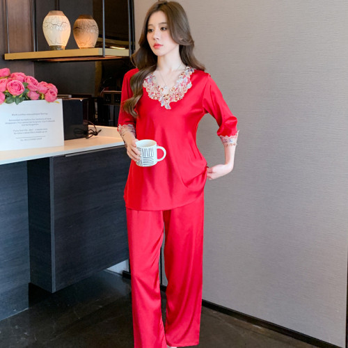 睡衣女春秋款絲滑緞面長袖女士睡衣家居服套裝性感五彩花邊高級感