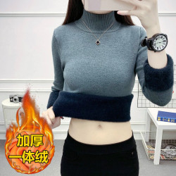 一體絨毛衣女厚2023年新款加絨高領套頭內搭純色打底針織衫