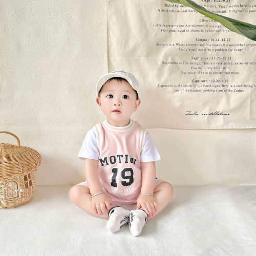 ins嬰幼兒連體衣2025年夏季假兩件設計籃球哈衣男女寶寶外出爬服