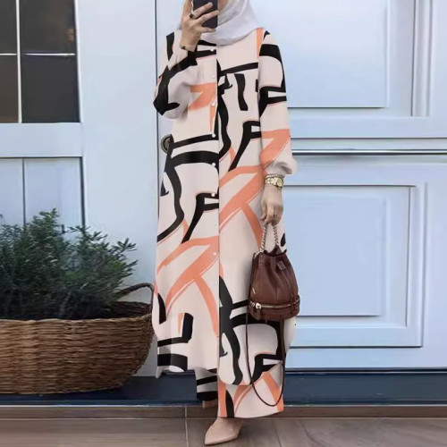 2024穆斯林女裝時尚花卉印花兩件套春秋服裝復古長襯衫濶腿褲套裝