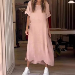 新款2025歐美女裝夏季風寬松休閒純色短袖棉麻連衣裙