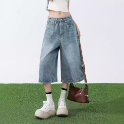 夏季薄款淺藍七分褲女2024春秋高腰顯瘦寬松濶腿小個子百搭牛仔褲