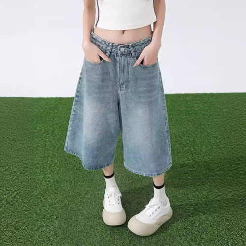 夏季薄款淺藍七分褲女2024春秋高腰顯瘦寬松濶腿小個子百搭牛仔褲