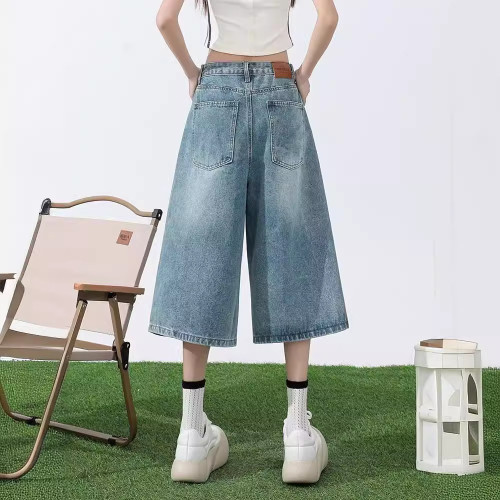 夏季薄款淺藍七分褲女2024春秋高腰顯瘦寬松濶腿小個子百搭牛仔褲