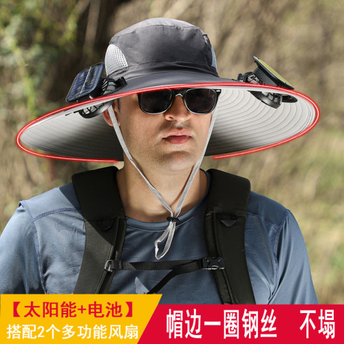 大風力太陽能風扇帽夏可充電帽子戶外大沿遮陽帽男鋼絲塑形不塌邊