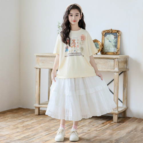 中大童女童半身裙夏季套裝2024新款韓版兒童印花T恤半身裙兩件套