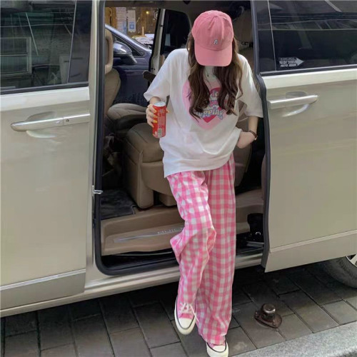 孕婦裝上衣愛心T恤+粉色棋盤格托腹褲孕婦套裝