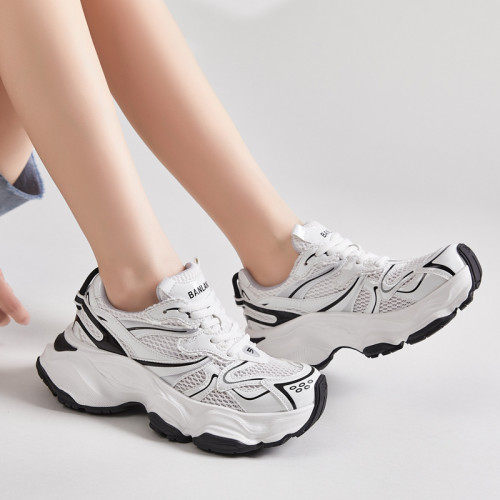 28512-3新款拼接老爹鞋女厚底增高系帶運動休閒鞋2024春秋百搭