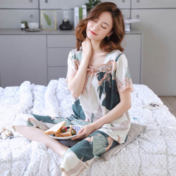 莫代爾睡衣女士夏季圓領短袖七分褲加大碼清爽薄款家居睡衣倆件套