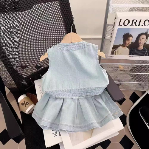 女童套裝2025夏季新款兒童時髦背心半身裙兩件套寶寶洋氣牛仔衣服
