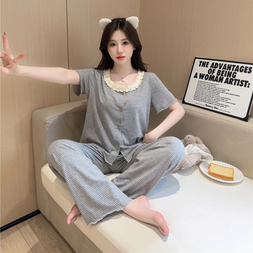 睡衣女夏秋莫代爾棉條紋寬松舒適可外穿短袖長褲套裝加胸棉家居服