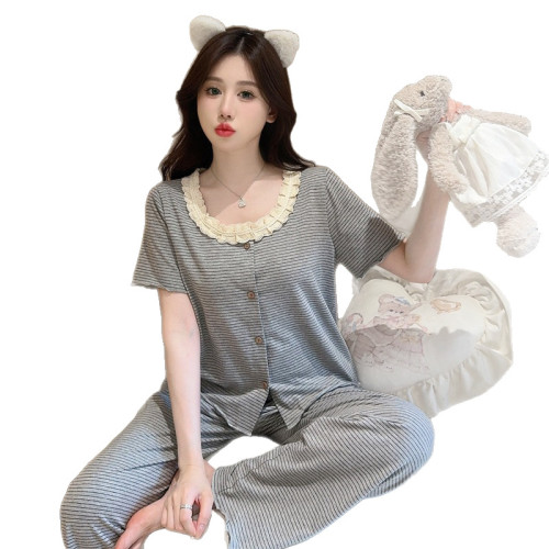 睡衣女夏秋莫代爾棉條紋寬松舒適可外穿短袖長褲套裝加胸棉家居服