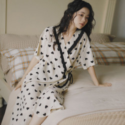 2025夏季7薄款短袖和服孕婦喂奶睡裙縐布棉産後中長款哺乳連衣裙8
