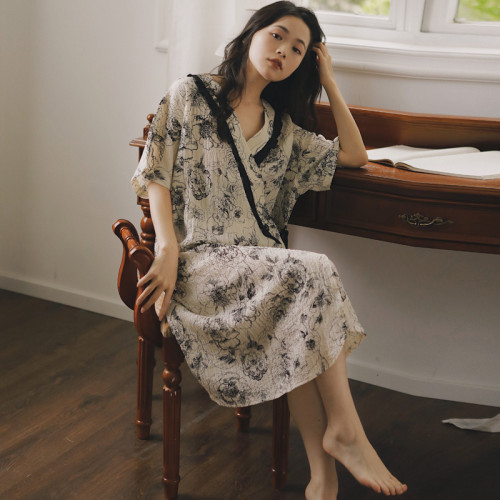 2025夏季7薄款短袖和服孕婦喂奶睡裙縐布棉産後中長款哺乳連衣裙8