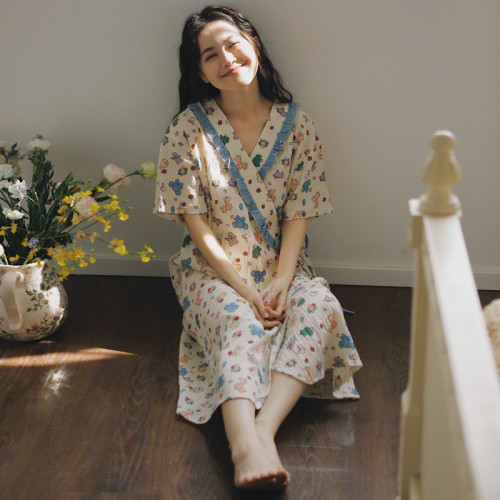2025夏季7薄款短袖和服孕婦喂奶睡裙縐布棉産後中長款哺乳連衣裙8