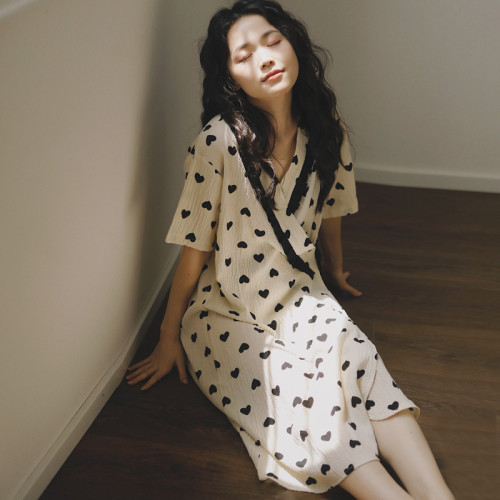 2025夏季7薄款短袖和服孕婦喂奶睡裙縐布棉産後中長款哺乳連衣裙8
