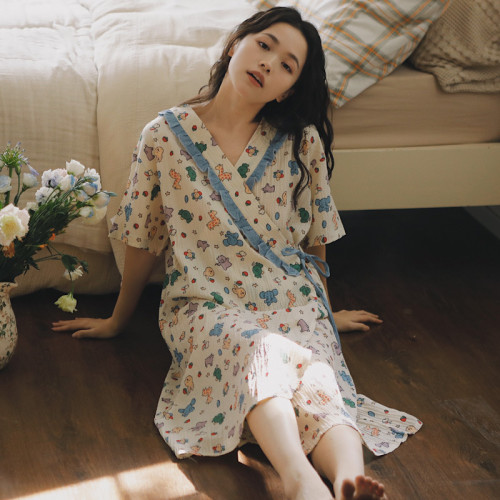 2025夏季7薄款短袖和服孕婦喂奶睡裙縐布棉産後中長款哺乳連衣裙8