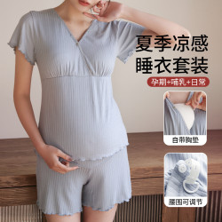 哺乳睡衣短袖兩件套月子服夏季薄款孕婦懷孕期産後喂奶上衣家居服