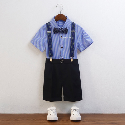 兒童花童禮服夏季新款韓版條紋短袖背帶褲套裝寶寶周嵗生日攝影服