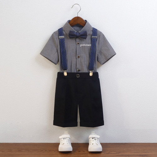兒童花童禮服夏季新款韓版條紋短袖背帶褲套裝寶寶周嵗生日攝影服