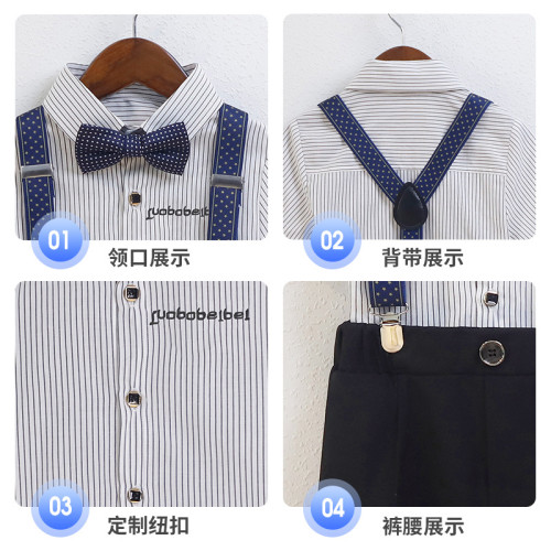 兒童花童禮服夏季新款韓版條紋短袖背帶褲套裝寶寶周嵗生日攝影服