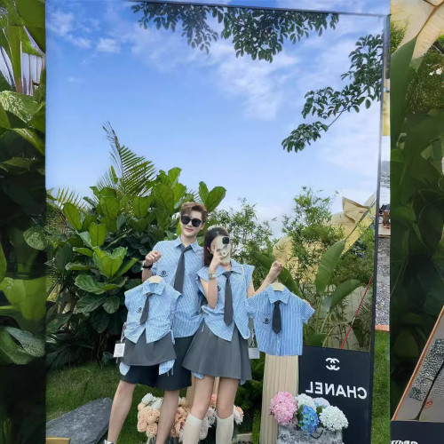 韓國童裝夏季一家三口女童學院風條紋短袖襯衫兩件套裙褲親子裝潮