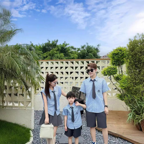 韓國童裝夏季一家三口女童學院風條紋短袖襯衫兩件套裙褲親子裝潮