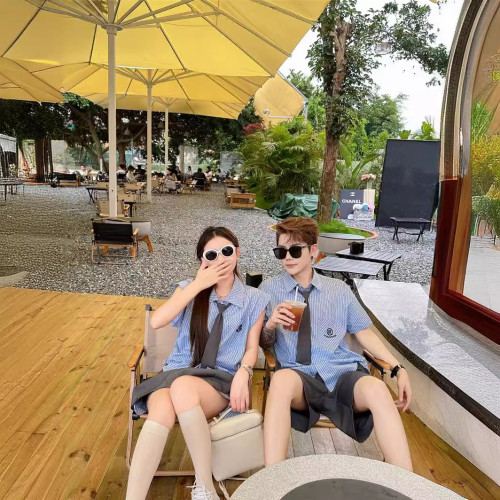 韓國童裝夏季一家三口女童學院風條紋短袖襯衫兩件套裙褲親子裝潮
