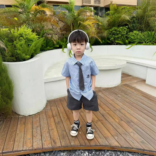 韓國童裝夏季一家三口女童學院風條紋短袖襯衫兩件套裙褲親子裝潮