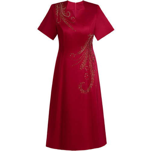 媽媽裝旗袍紅色夏季禮服刺綉新款中年媽媽時尚裙子顯瘦平時可穿