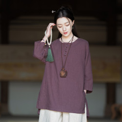 25春棉麻女裝新款復古中式圓領縫線盤釦襯衫上衣女式禪意打坐大T