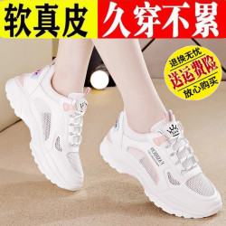 真皮運動鞋女2024新款夏季網面透氣網鞋百搭軟底不累腳防滑小白鞋