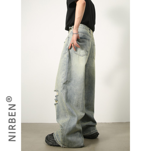 nirben牛仔|  韓版破洞牛仔褲男水洗做舊潮版復古寬松濶腿長褲