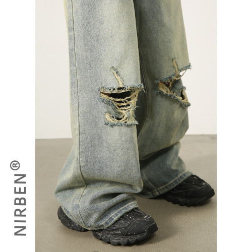 nirben牛仔|  韓版破洞牛仔褲男水洗做舊潮版復古寬松濶腿長褲