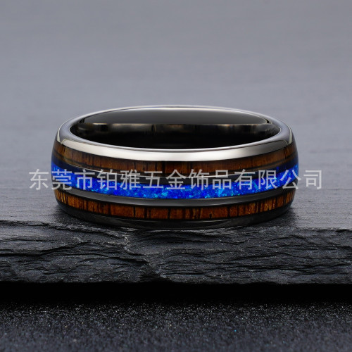 歐美婚戒深色槍黑8mm鎢鋼戒指相思木 &藍色澳寶