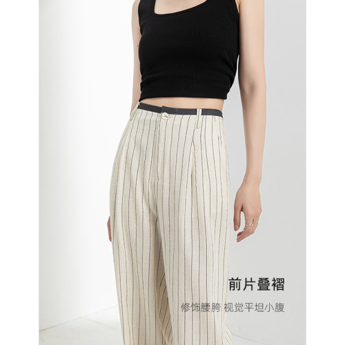 鑫閣 亞麻夏季薄款高腰顯瘦垂感女小個子休閒百搭條紋窄版濶腿褲