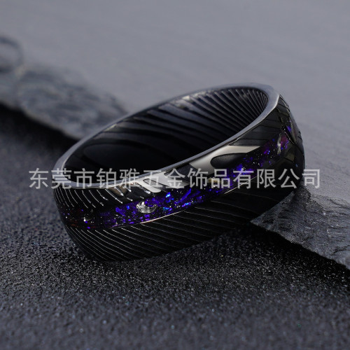 歐美電黑不鏽鋼戒指8mm 腐蝕大馬鋼捶紋鑲銀河藍碎石個性
