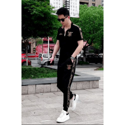 品質款男裝兩件套夏裝休閒立領短袖百搭織帶長褲套裝高品質男士