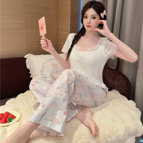 睡衣女夏季梭織棉提花貓咪印花針織上衣舒適短袖長褲套裝家居服