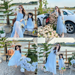 韓國花朵吊帶親子連衣裙三亞海邊度假長裙夏季母女裝沙灘裙仙女裙