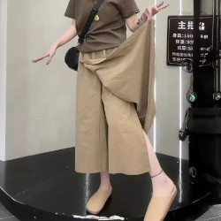 大碼女裝夏季薄款高腰寬松開叉裙褲胖mm小個子顯瘦八分休閒濶腿褲