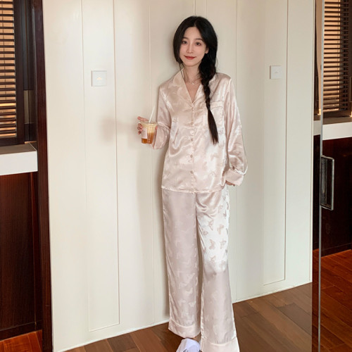 2024新款福蝶睡衣女士蝴蝶提花絲光緞長袖長褲家居服兩件套裝春秋