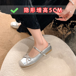 5CM內增高半拖鞋女夏外穿厚底蝴蝶結銀色包頭涼拖女半托