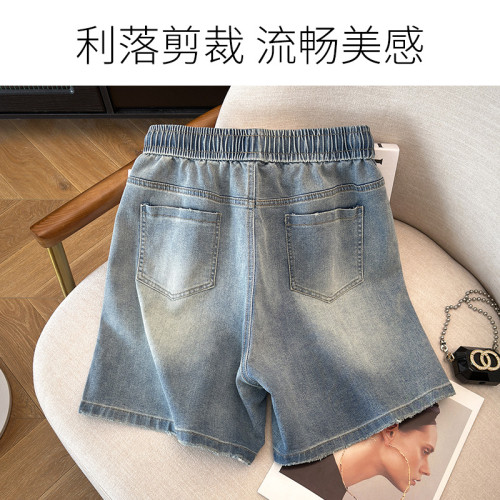 胖MM休閒簡約百搭300斤特大碼高彈5分褲薄款女牛仔短褲松緊高腰