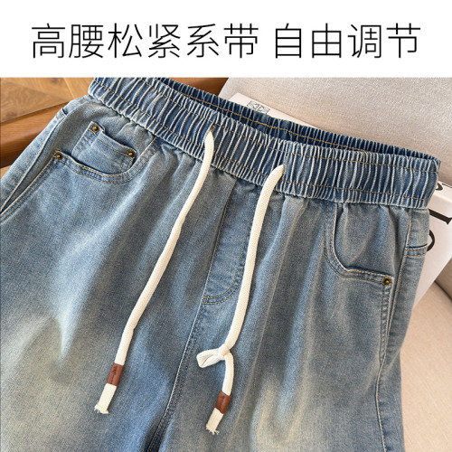 胖MM休閒簡約百搭300斤特大碼高彈5分褲薄款女牛仔短褲松緊高腰