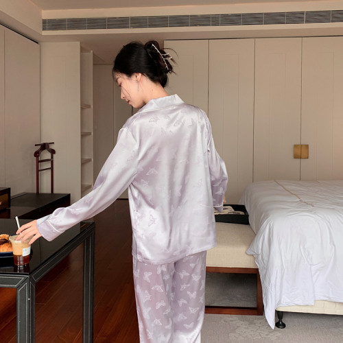 2024新款蝴蝶提花絲光緞福蝶睡衣女士長袖長褲家居服兩件套裝春秋
