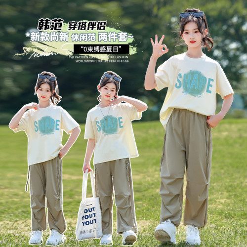 女童速乾褲子套裝2024夏款新款兒童韓版時尚休閒兩件套大童衣服