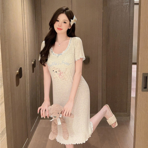 睡裙女夏莫代爾坑條棉小兔貓咪噴繪寬松短袖中睡裙加胸棉家居服