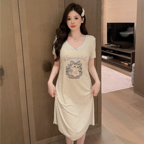 睡裙女夏莫代爾坑條棉小兔貓咪噴繪寬松短袖中睡裙加胸棉家居服